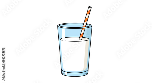 Glass of pure, refreshing white milk with an orange and white striped straw, symbolizing wholesome nutrition and simple, healthy hydration for daily