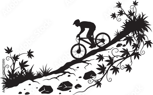 Black silhouette of cyclist riding bike down steep hill with plants and rocks