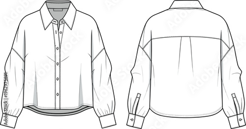 Technical flat sketch of a women's oversized button down shirt with dropped shoulders long sleeves back yoke and curved hem.