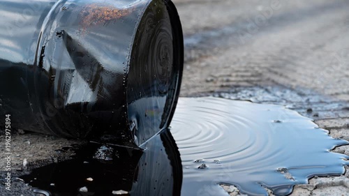 Dark Viscous Asphalt Spill from Black Metal Barrel on Rough Pavement