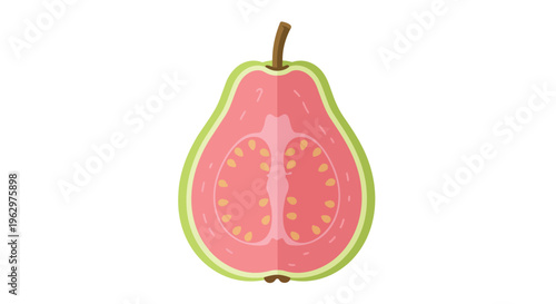 A vibrant digital illustration of a halved pink guava displaying its internal structure and seeds