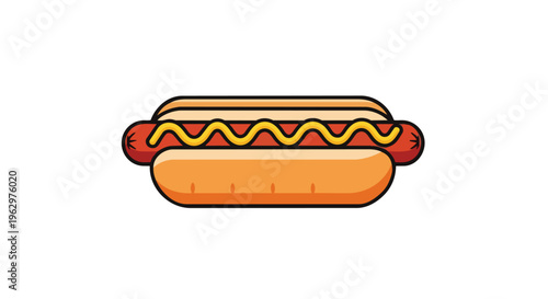 Simple flat design hot dog illustration presenting a classic frankfurter in a golden bun with bright yellow mustard a staple American quick meal