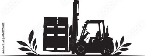 Black silhouette of forklift with pallet and leaves