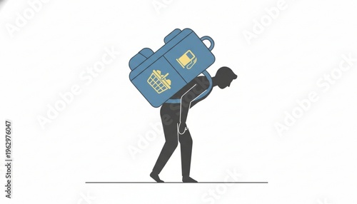 Person carrying heavy backpack of increasing costs, representing inflation and rising cost of living. Financial burden vector illustration