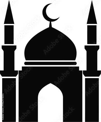 Black Mosque Silhouette with Minarets and Crescent Moon ? Islamic Vector Icon.eps