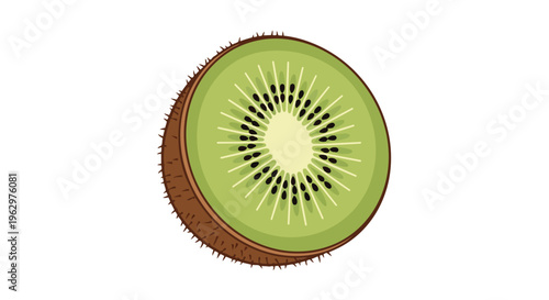 A vibrant cross-section of a fresh, succulent kiwi fruit illustration, showcasing its bright green flesh, tiny black seeds, and fuzzy brown skin.