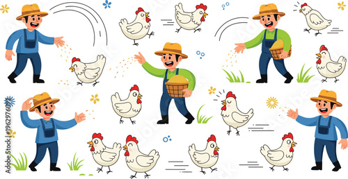 Farmer Feeding Chickens with Grain in a Playful Chicken Farm Illustration Set