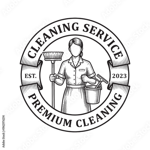 Vintage cleaning service logo with maid holding broom and bucket sketch
