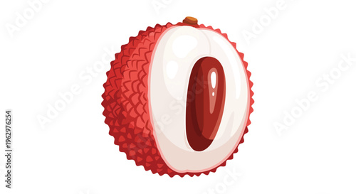 Vibrant tropical lychee fruit illustration with detailed cross-section revealing white flesh and dark seed showcasing fresh exotic flavors perfect
