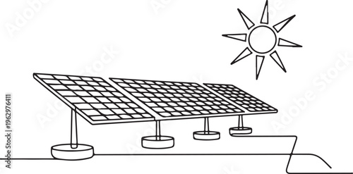 Clean Energy Concept Line Art Illustration of Solar Panels Harnessing Sunlight to Generate Sustainable Electricity for Renewable Power Technology