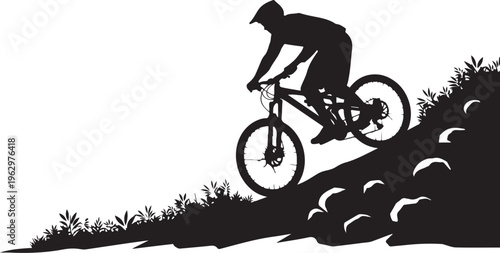 Black silhouette of mountain biker on hill with plants