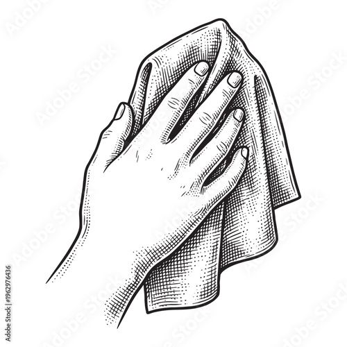Hand cleaning or wiping surface with a cloth vintage sketch illustration