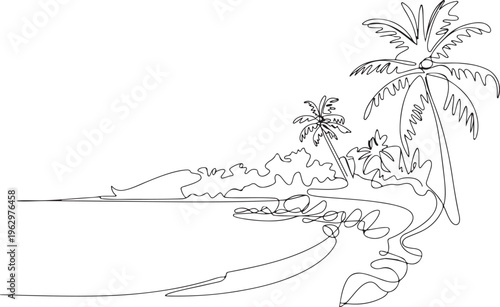 Serene continuous single line art illustration of a tranquil tropical beach scene, featuring elegant palm trees swaying gently over a peaceful ocean shoreline, ideal for travel and relaxation themes