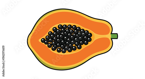 Vibrant illustration of a ripe papaya, sliced in half to reveal its orange flesh and black seeds.