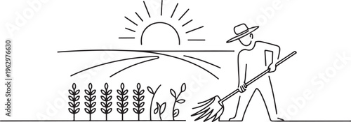 Stylized line art illustration of a farmer diligently tilling fertile fields under a radiant sunrise, symbolizing hard work and the bounty of agriculture through timeless effort