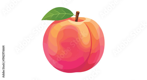 Vibrant digital illustration of a fresh, ripe peach, featuring a green leaf and cheerful pink-orange hues.