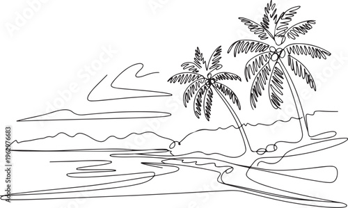 Continuous line art illustration depicting a serene tropical beach landscape with elegant palm trees leaning over a tranquil ocean, offering a minimalistic design for relaxation themes