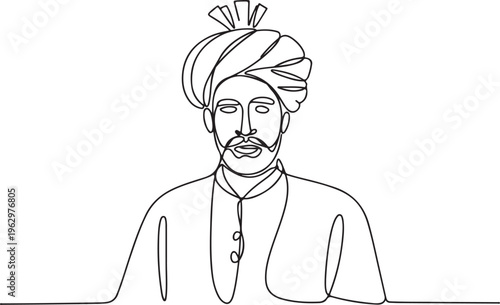 Minimalist continuous line art portrait capturing the essence of a traditional South Asian or Middle Eastern man in a turban, evoking cultural heritage and classic style