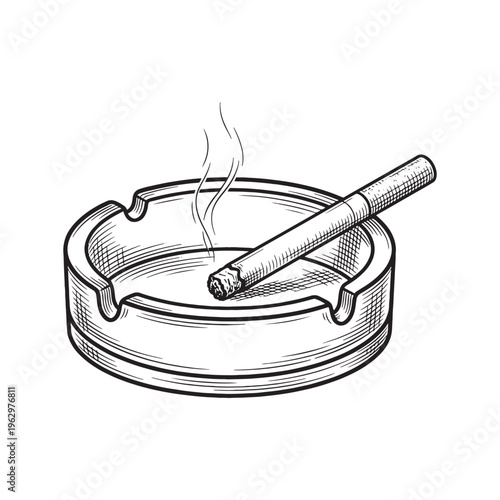 Smoked cigarette resting in a glass ashtray with smoke vintage sketch