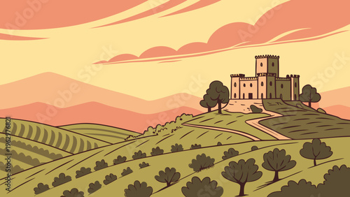 Spanish Hilltop Castle Overlooking Countryside Flat Vector Illustration