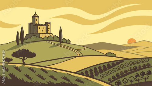 Spanish Hilltop Castle Overlooking Countryside Flat Vector Illustration