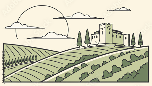 Spanish Hilltop Castle Overlooking Countryside Flat Vector Illustration