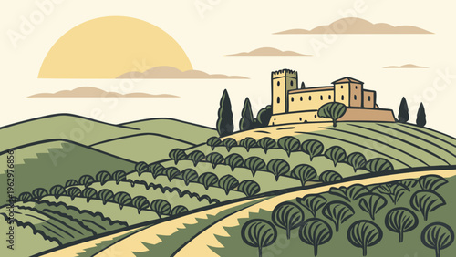 Spanish Hilltop Castle Overlooking Countryside Flat Vector Illustration