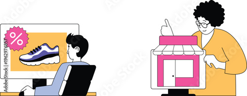 Online shopping deal customer browsing while seller approves discount on storefront screen nearby