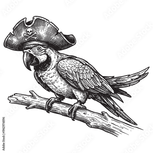 Tropical macaw parrot wearing a pirate hat on a wooden branch sketch
