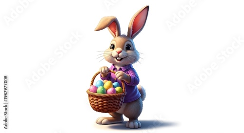 Easter bunny holding colorful eggs in basket on easter sunday morning