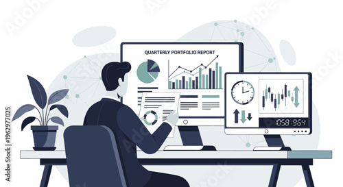 Businessman Analyzing Quarterly Portfolio Report with Data Visualization and Stock Market Charts, Professional Financial Analyst at Desk Illustration