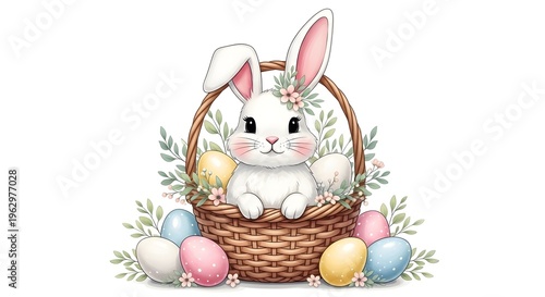 Easter bunny sitting in a woven basket surrounded by colorful eggs and floral decorations on easter morning