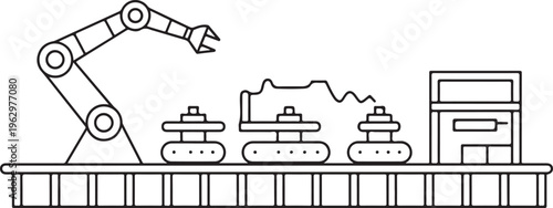 Modern industrial automation concept featuring a robotic arm and a continuous production line on a conveyor belt, illustrating efficiency and advanced manufacturing processes