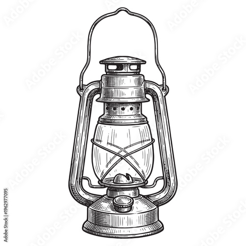 Antique kerosene oil lantern lamp vintage hand-drawn sketch illustration