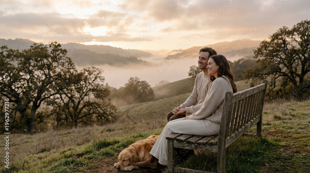 Fototapeta premium Romantic couple sitting on wooden bench at sunrise, young man and woman with dog in misty mountain landscape
