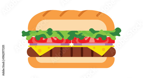 Delicious layered cartoon style fast food burger with fresh toppings and savory components