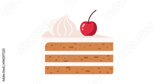 A delicious layered cake slice with white frosting and a red cherry is depicted, perfect for sweet moments and celebratory events and delightful