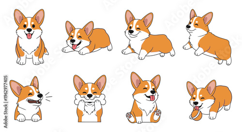 Cartoon Welsh Corgi dog in various playful poses and expressions  