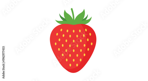 A vibrant stylized ripe red garden strawberry illustration featuring fresh green leaves and distinct yellow achenes isolated on a crisp white