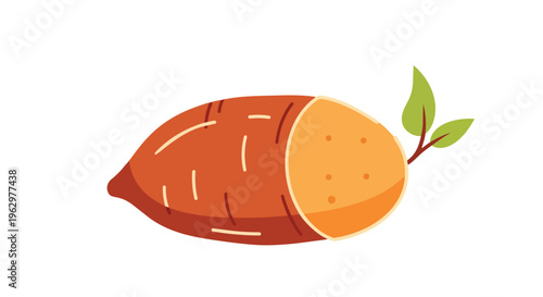 Vibrant flat design illustration of a freshly cut sweet potato with green leaves, healthy eating concept