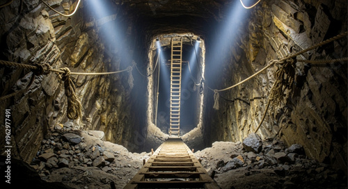 Illuminated Ladder in Underground Mine Shaft - A Journey to the Surface.