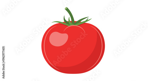 Vibrant red tomato illustration with fresh green stem and leaves, isolated on a pure white background.