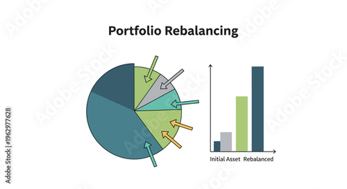Portfolio Rebalancing Infographic with Pie Chart and Bar Graph illustrating Financial Asset Allocation and Investment Strategy