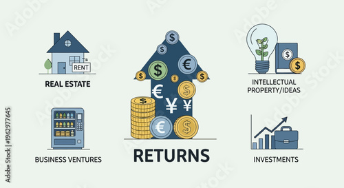 Passive Income Streams and Investment Types Infographic illustrating Real Estate, Business Ventures, Intellectual Property, and Financial Returns