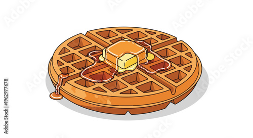 A deliciously illustrated golden-brown waffle generously topped with a melting pat of butter and glistening amber syrup elegantly drizzling, perfect