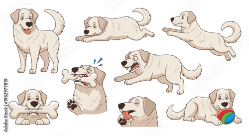 Multiple playful dog illustrations with toys and expressions  