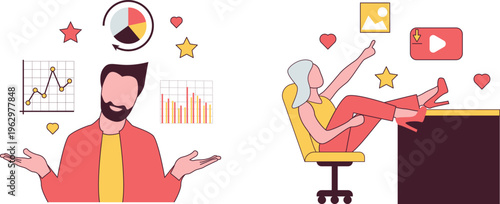 Analyst explains data trends while relaxed viewer enjoys multimedia content on comfortable chair