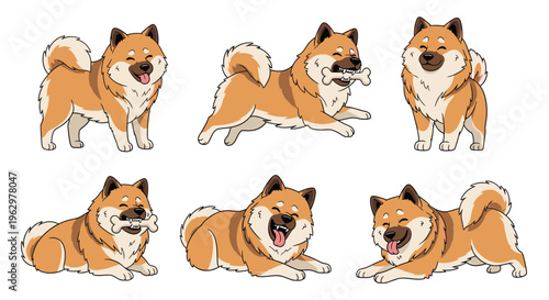 Cartoon illustration of playful Eurasier dogs in various poses  