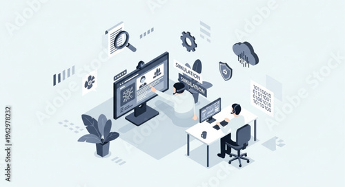 Isometric Illustration of a Man Working at a Computer with Data Visualization.