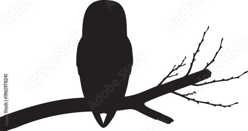Black owl silhouette perched on a tree branch vector. Nocturnal bird of prey sitting on a twig. Minimalist forest animal icon for nature logos.